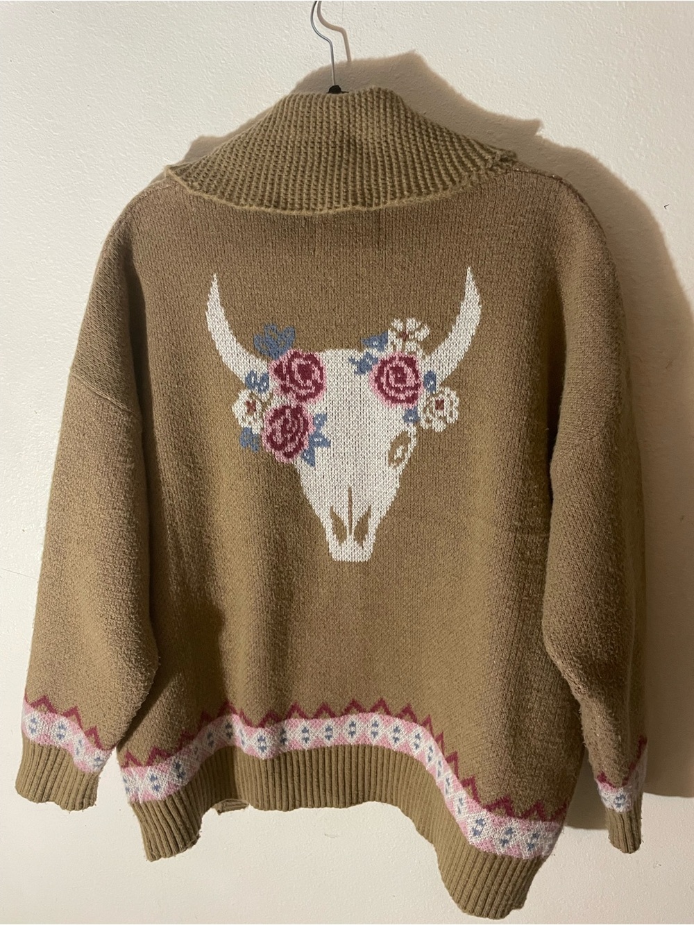 Savanna Jane Tan Sweater with White Skull and Pink Floral Accents